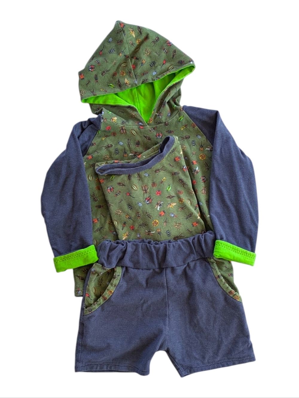 Kids Hoodie 3pc Set in Olive Green Insect Print & Navy with Neon Green Accents